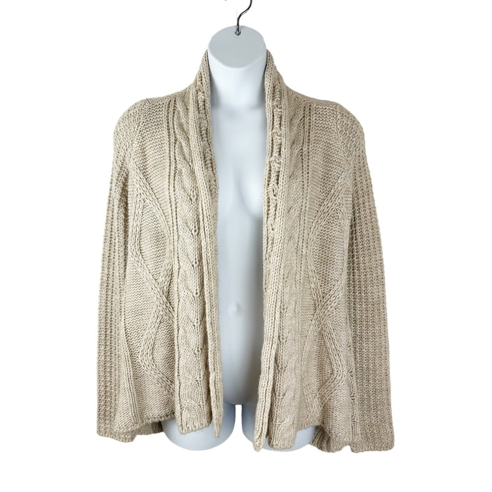 Elsamanda Tan Alpaca Wool Chunky Cozy Cable Knit Open Front Cardigan Sweater